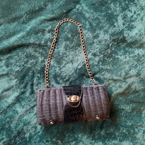 Poppie Jones Black Woven Barrel Shoulder Bag with Gold Chain